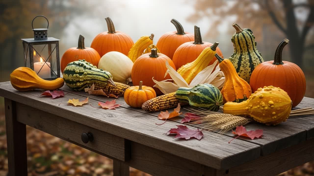 A Vibrant Autumn Display of Pumpkins and Gourds on a Rustic Table Surrounded by Colorful Fall Foliage and Soft Ambient Light