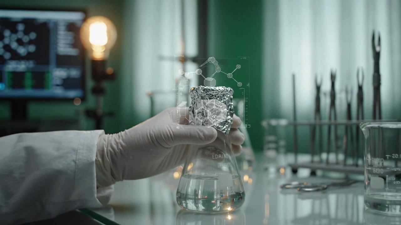 Uno scienziato in laboratorio maneggia con cura un becher di vetro con contenuto protetto, mostrando attrezzature ad alta tecnologia e una configurazione organizzata per l'analisi sperimentale.