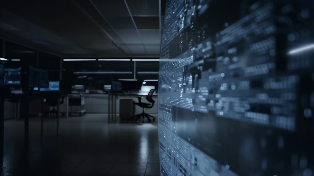 Abstract Digital Data Display in a Dark Office or Server Room