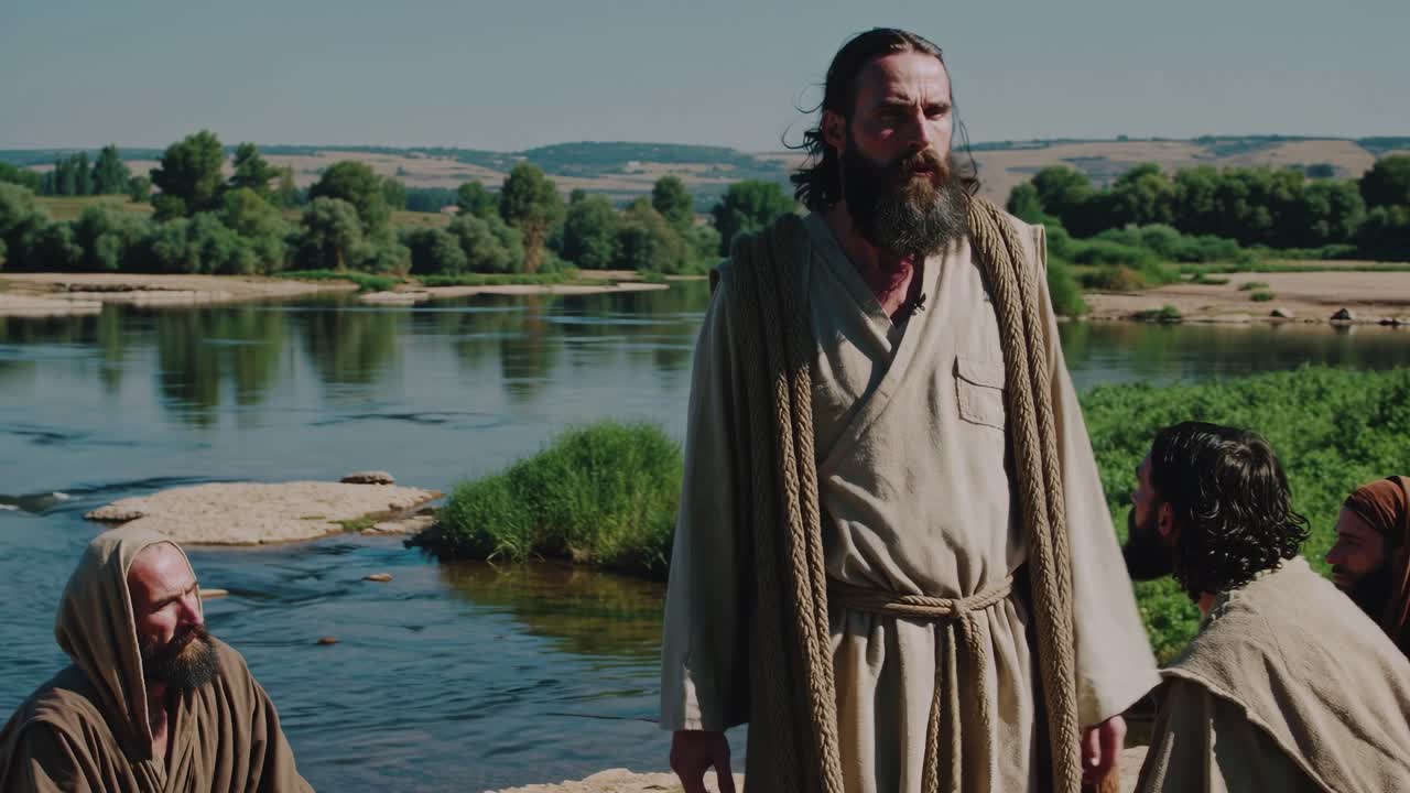 Filmová video scéna biblických postav u řeky, zachycená z nízkého úhlu.