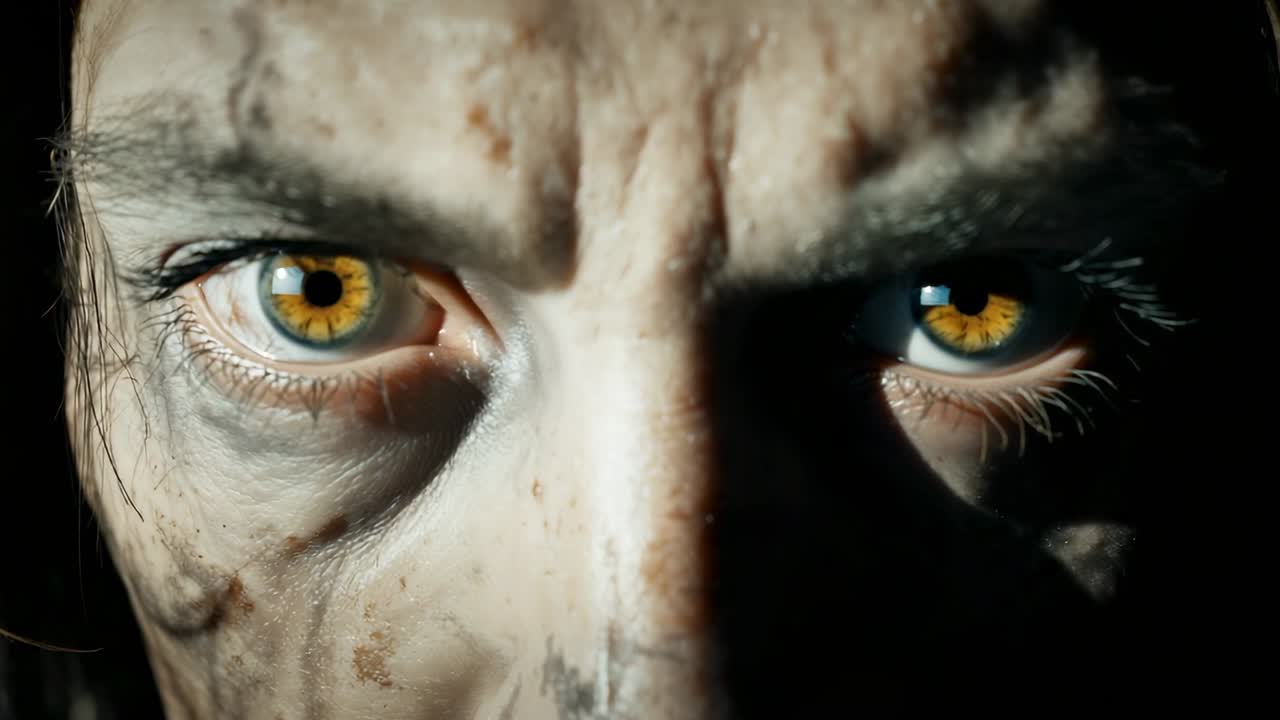 Opening darkness revealing human face locking gaze at viewer against void, highlighting amber eyes