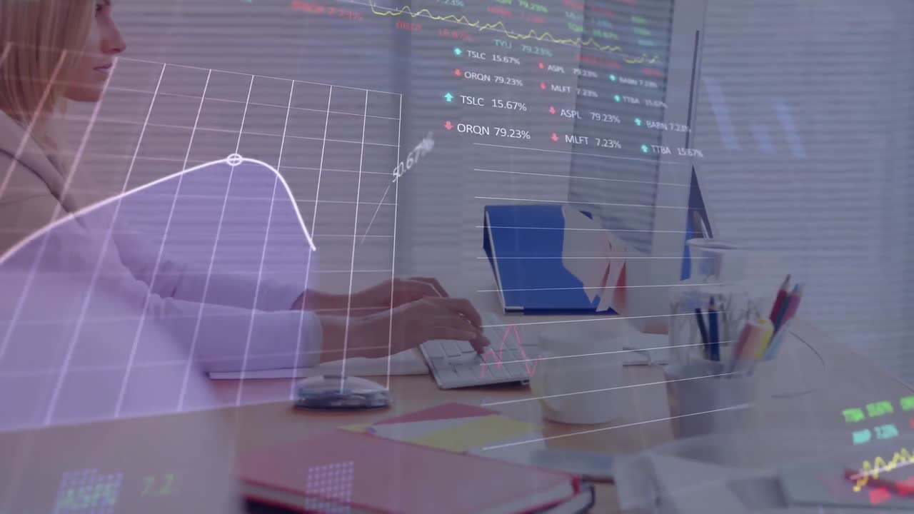 animazione dell'elaborazione dei dati finanziari su una donna d'affari caucasica in carica