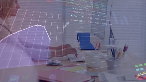 animación del procesamiento de datos financieros sobre una mujer de negocios caucásica en el cargo