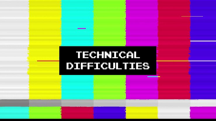 Retro Technical Difficulties Screen with Glitch and Static Effects