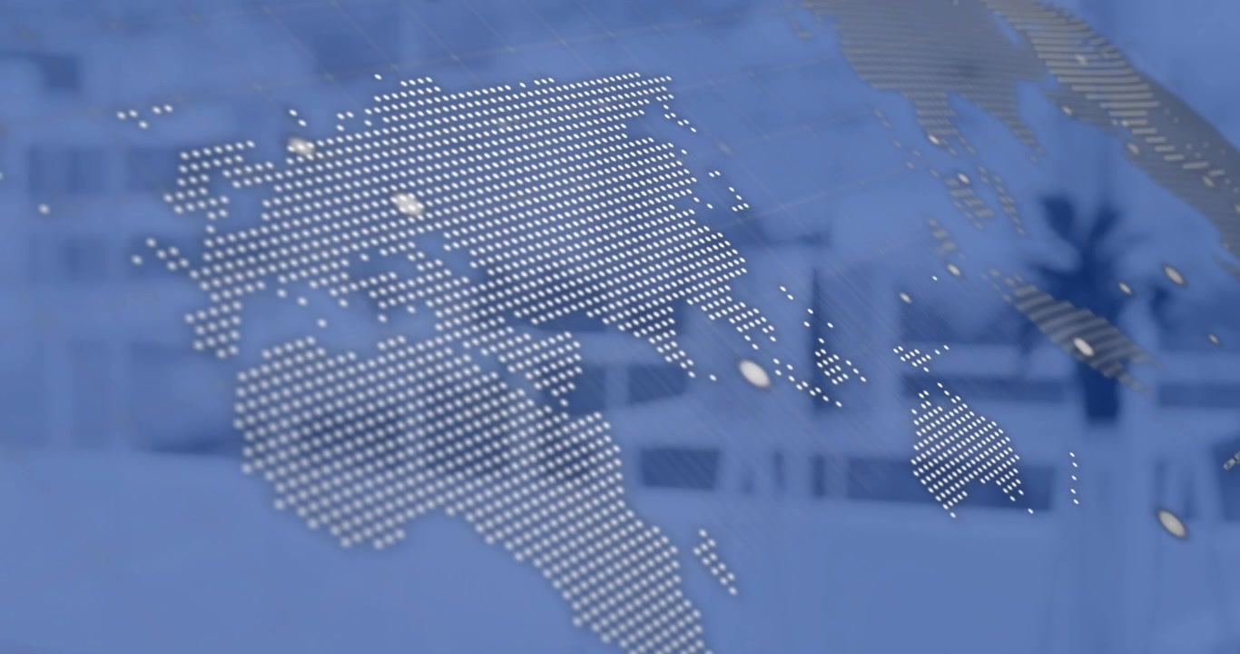 Animation of statistics and digital data processing over office on blue background