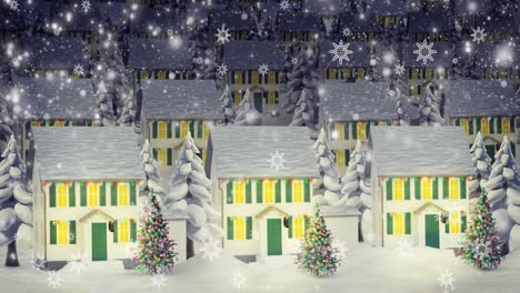 animation of snow falling over night winter landscape with houses