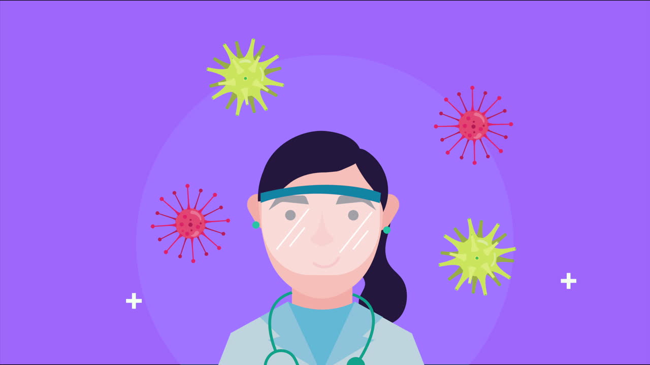 코로나19 입자 애니메이션을 가진 여성 의사