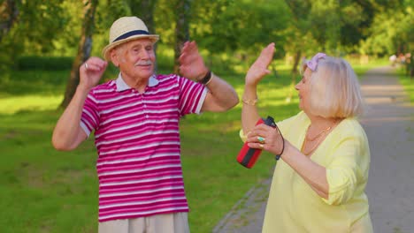 Fröhliche-Alte-Familie-Im-Ruhestand,-Großmutter,-Großvater,-Tanzen-Und-Hören-Musik-Auf-Einem-Musiklautsprecher-Im-Park