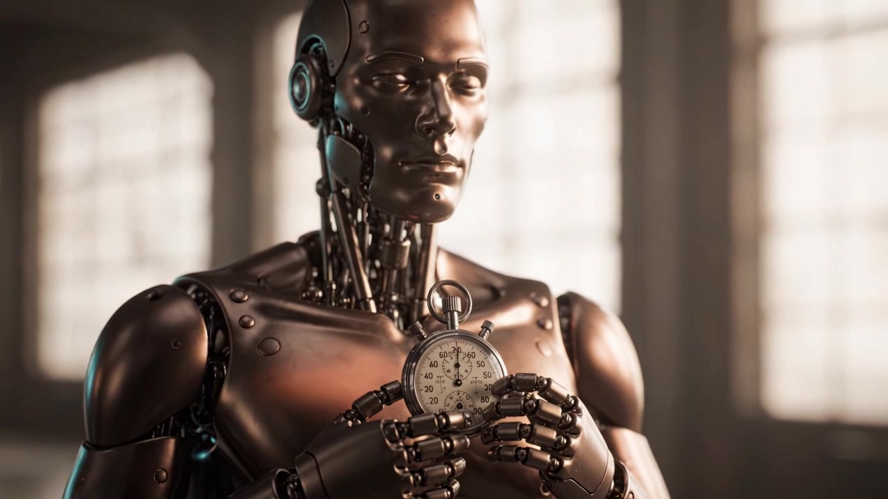 A Thoughtful Robot Holding a Stopwatch in an Industrial Setting, Contemplating Time and Technology with Intricate Mechanical Details and Soft Lighting Effects