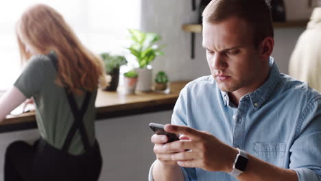 stress, confused and man typing on his phone