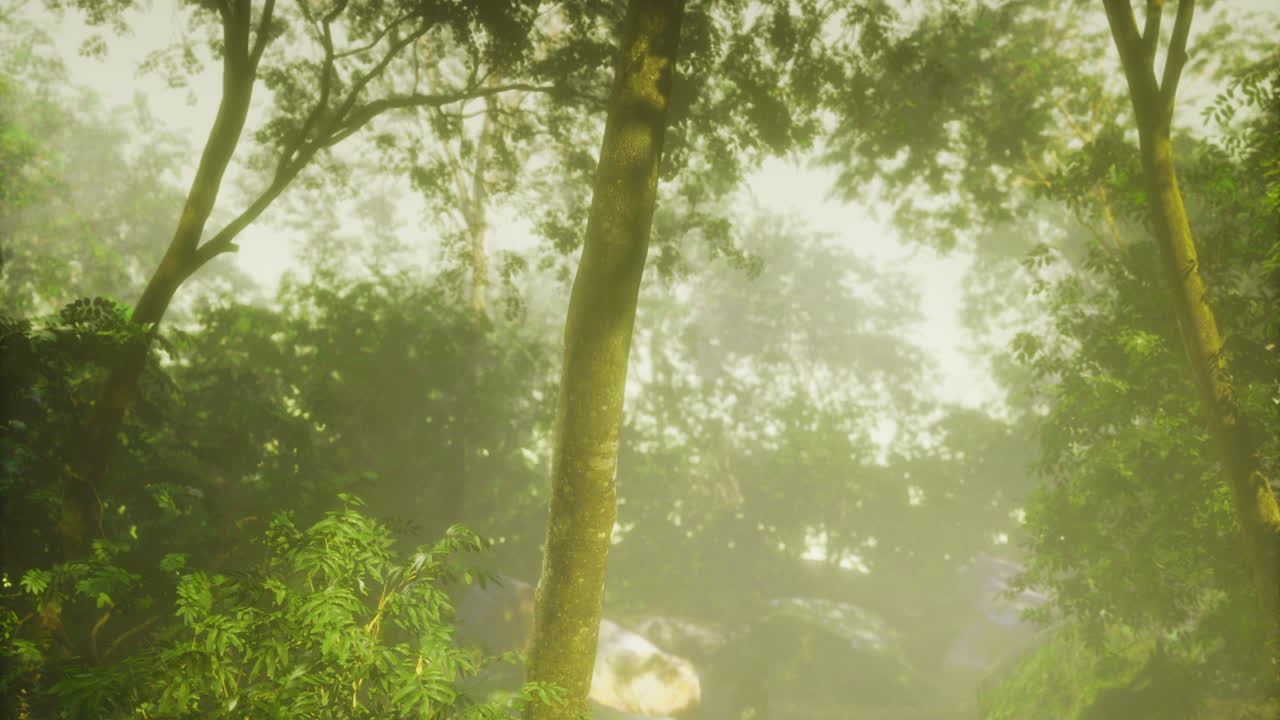 Misty forest adventure during early morning light awakening nature