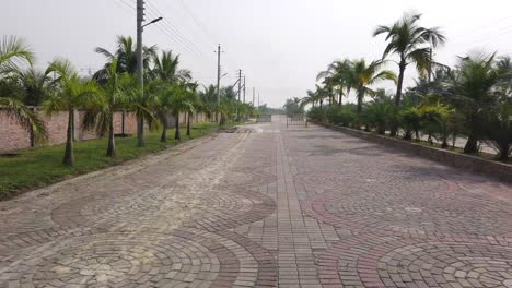 brick walkway through a residential area