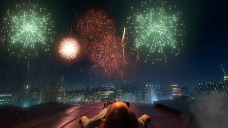 person on rooftop watching fireworks over city skyline at night