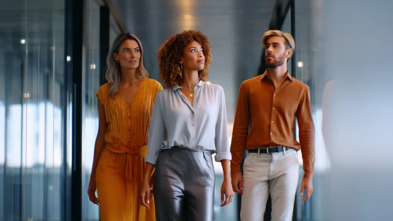 A Dynamic Trio of Stylish Friends Strolling Together in a Modern Office Corridor, Showcasing Their Unique Fashion Choices and Confidence, While Illuminated by Soft Natural Light