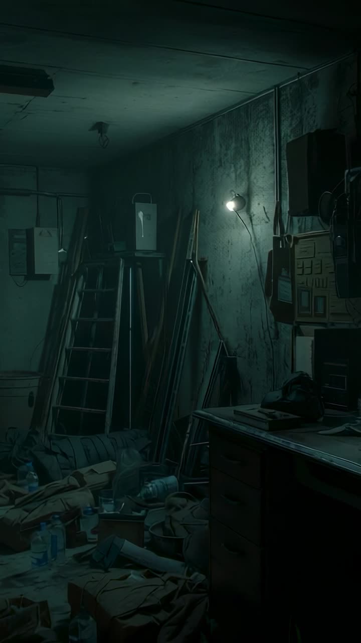 Vertical video: Opening shot showing workbench in basement under exposed bulb, conveying neglect