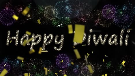 Animation-of-happy-diwali-over-fireworks-on-black-background