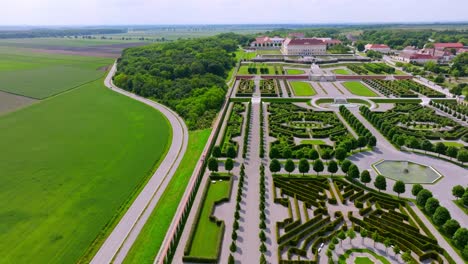 Baroque-Gardens-Of-Schloss-Hof-In-Austria-In-Summer---aerial-drone-shot