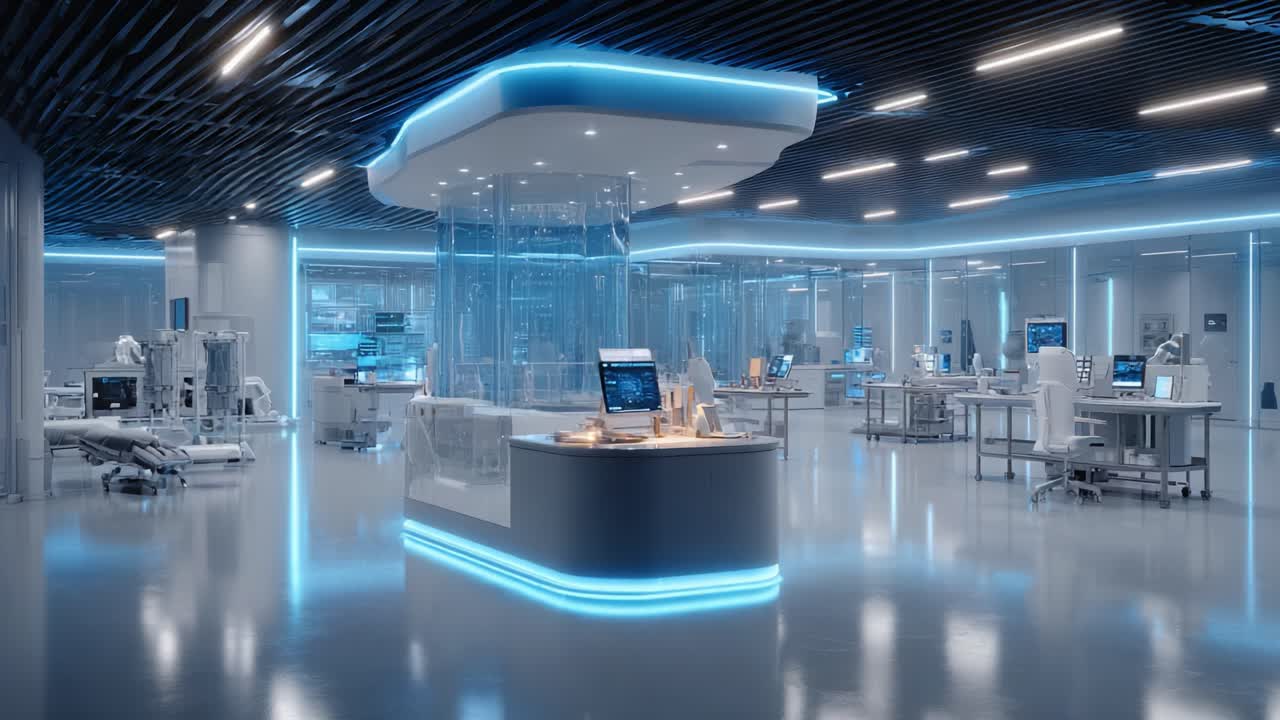 A High-Tech Healthcare Facility Showcasing Innovative Medical Equipment and Modern Design in a Spacious, Futuristic Environment with Sleek Lighting and Advanced Technologies