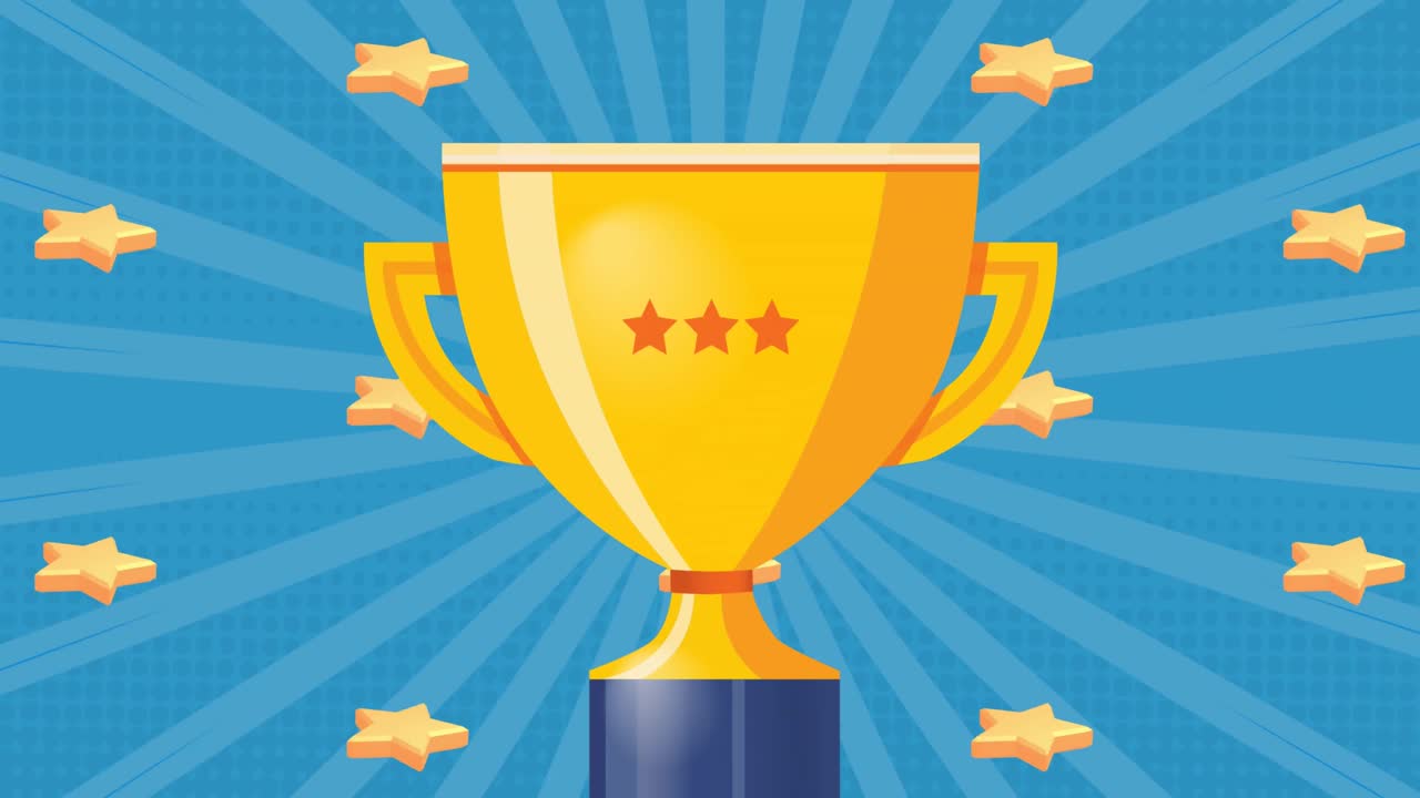 animación de copa de oro y estrellas sobre rayas azules girando