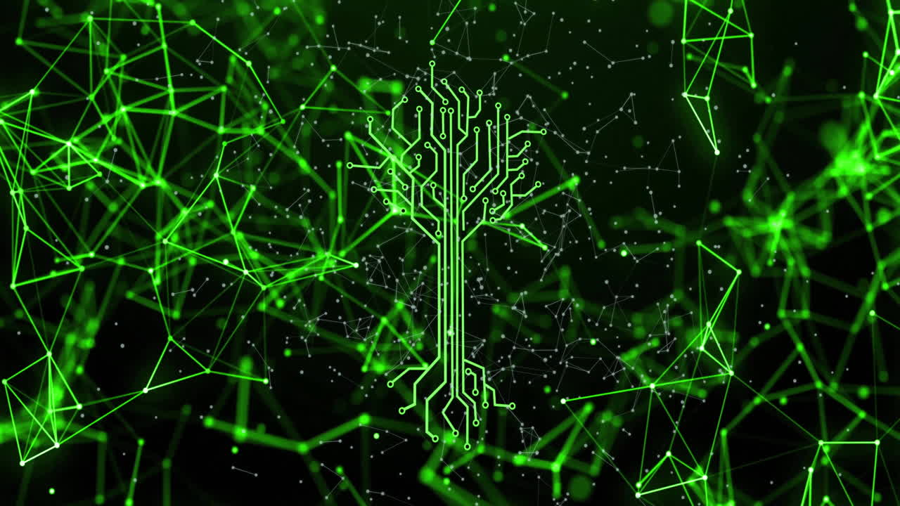 Animation of green circuit tree with network lines on dark background