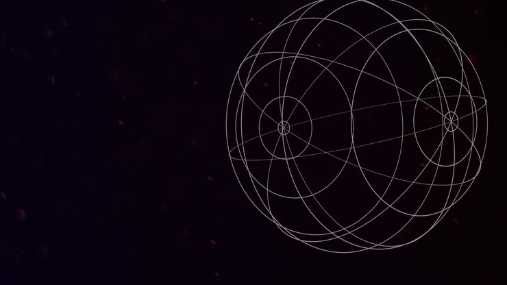 Neon abstract sphere in space with fly glitters