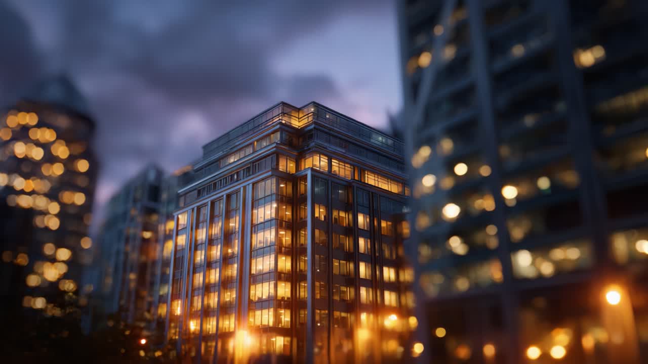 Céu urbano iluminado ao anoitecer: uma imagem impressionante da arquitetura moderna, que enfatiza fachadas de vidro e luz quente em uma paisagem urbana