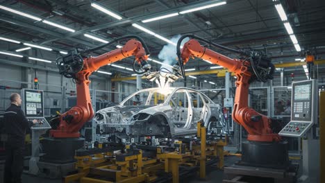 automated assembly line with robotic arms welding car chassis in a modern manufacturing facility: a view of advanced robotics at work