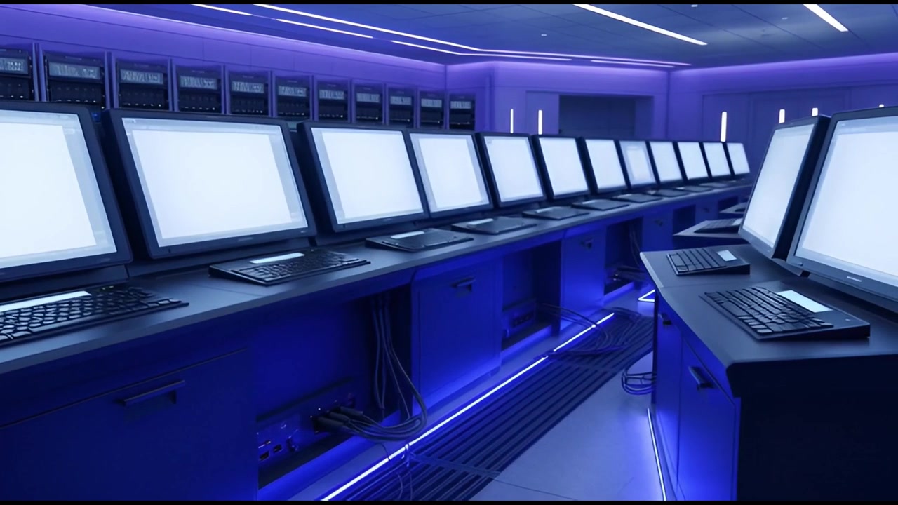 Futuristic Server Room with Rows of Computer Monitors and Blue Lighting