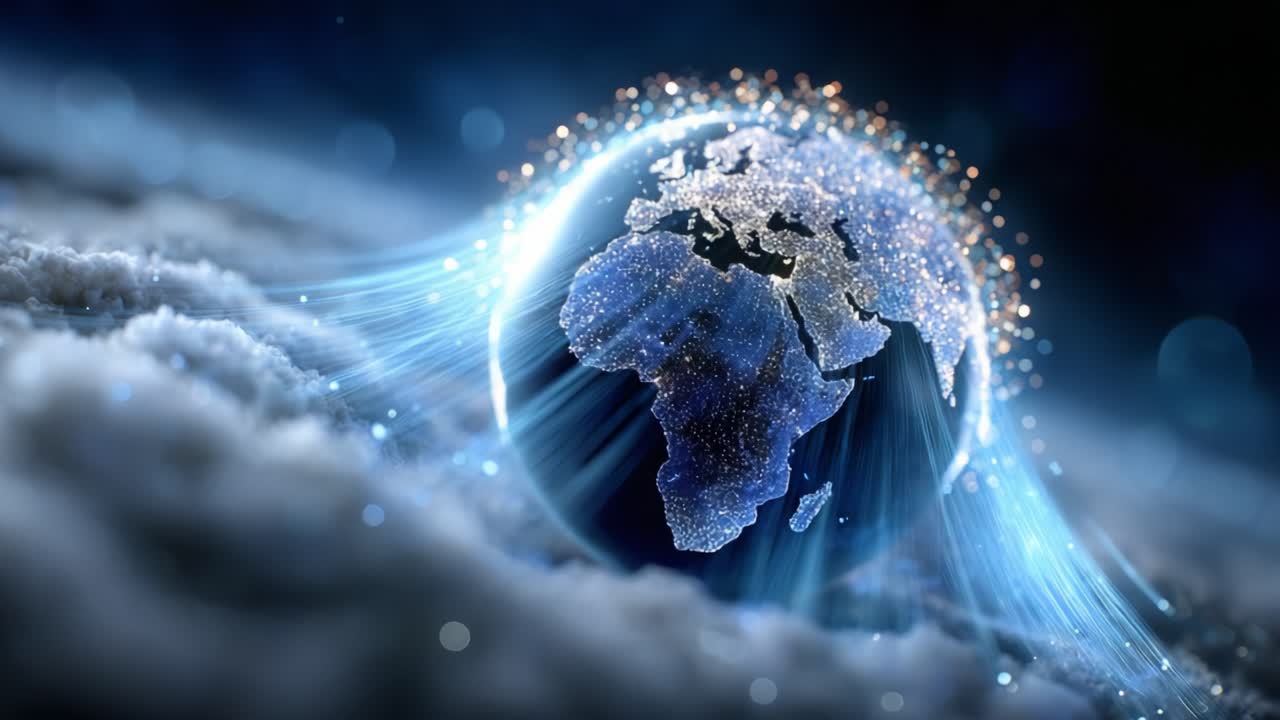 A Stunning Visual Representation of Earth Surrounded by Glowing Streams of Light Depicting Connectivity and Global Awareness Amidst a Dreamy Cloud Landscape