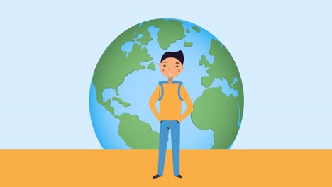 animation of schoolboy icon and globe on blue background