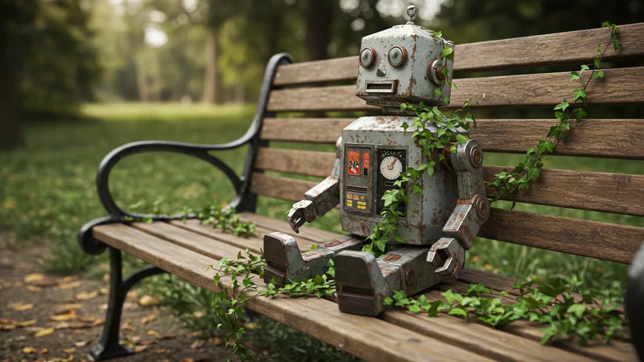 Un robot arrugginito seduto su una panchina, circondato da rampicanti in un tranquillo parco, che rappresenta una fusione tra natura e tecnologia vintage