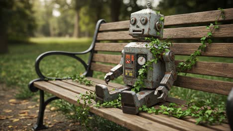 a rusty robot sitting on a bench surrounded by vines in a tranquil park setting, depicting a blend of nature and vintage technology