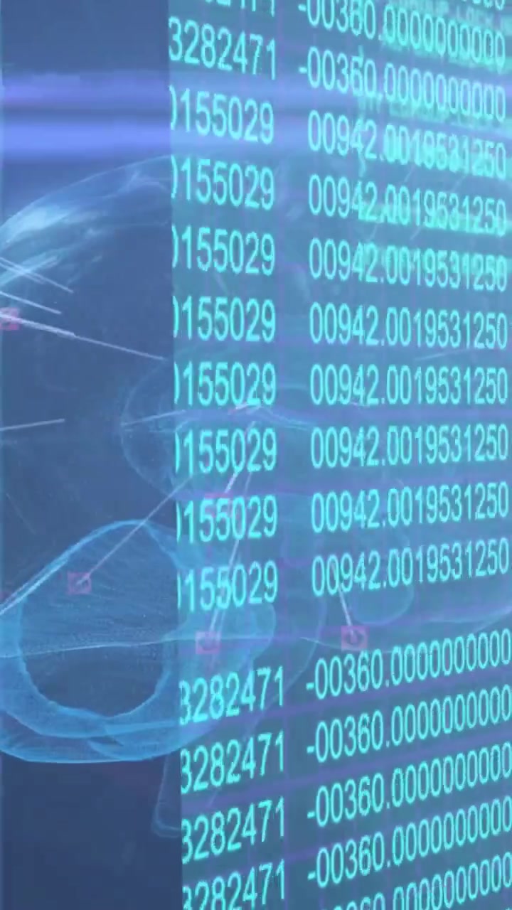 Vertical video: Glowing cyan data panel shifting on data scroll, revealing brain markers for scan