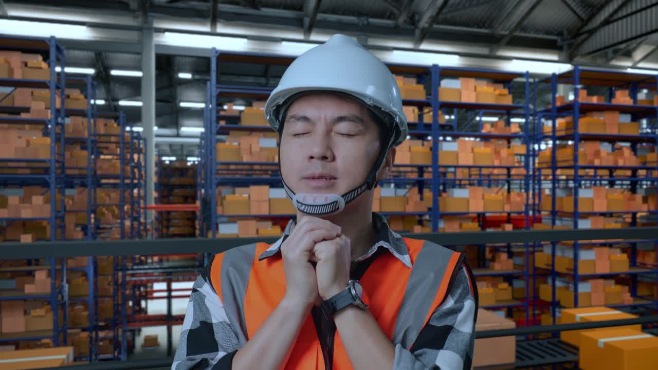 안전 헬을 입은 아시아 남성 엔지니어가 배달 물품으로 가득 찬 선반과 함께 창고에 서서 무언가를 위해 기도합니다.