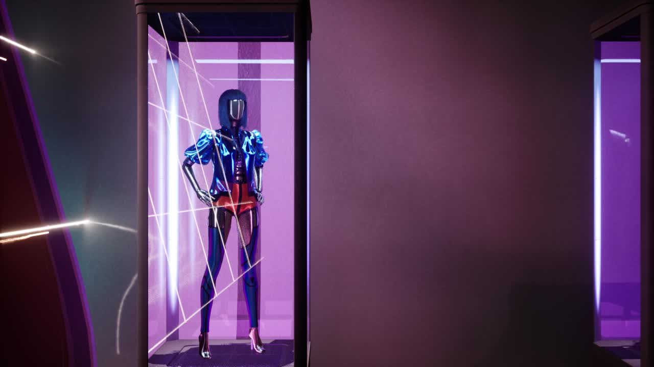animación 3d de muñecas de moda con ropa de verano moderna en una vitrina iluminada