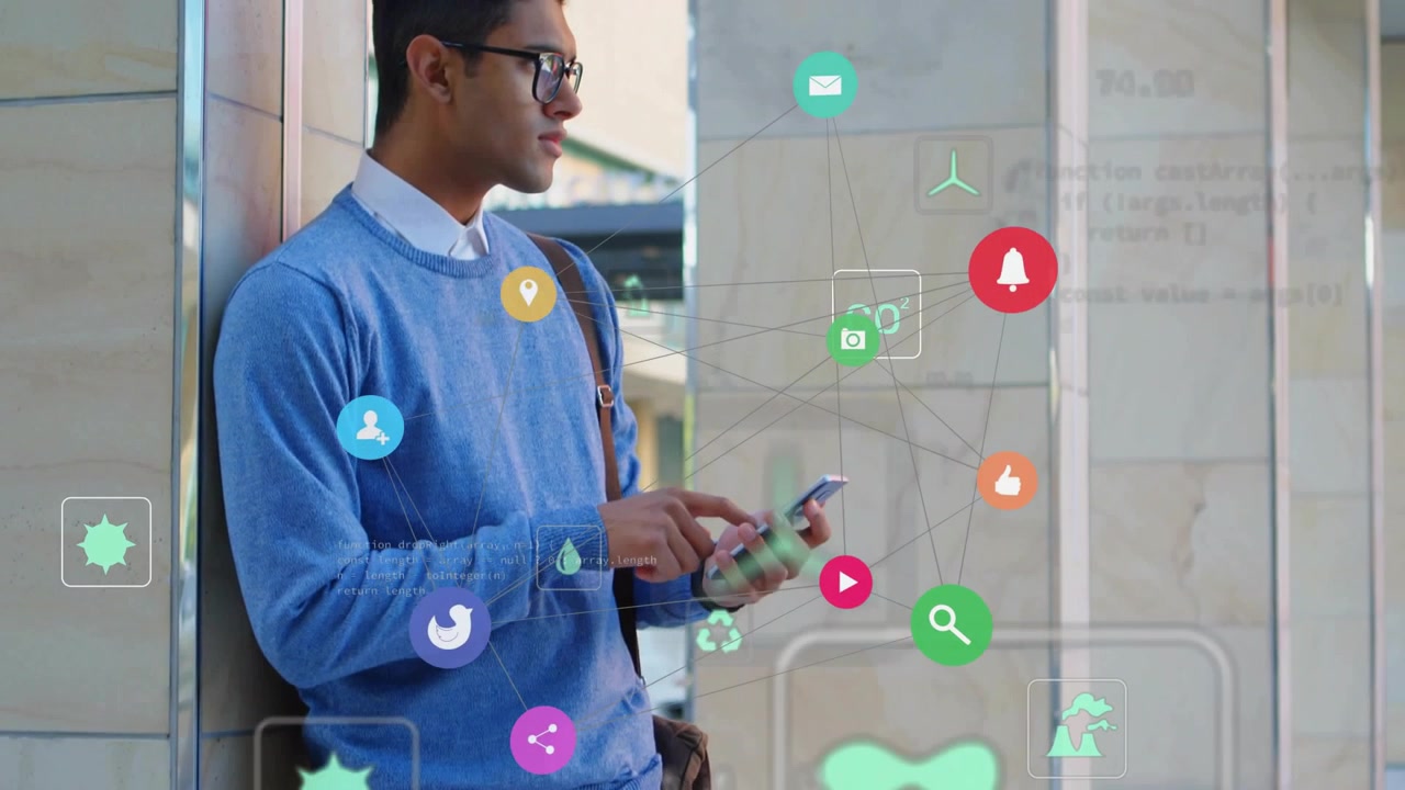 Uomo appoggiato a un pilastro che tocca il telefono, facendo animare le icone delle app intorno ai widget del telefono per il marketing.