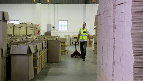 warehouse worker pulling trolley to camera