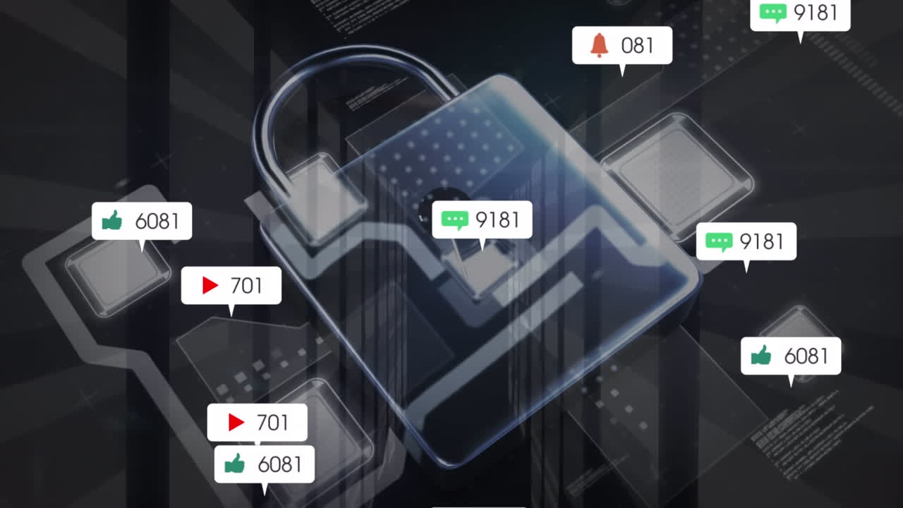 animación de cerraduras y iconos de redes sociales y procesamiento de datos.
