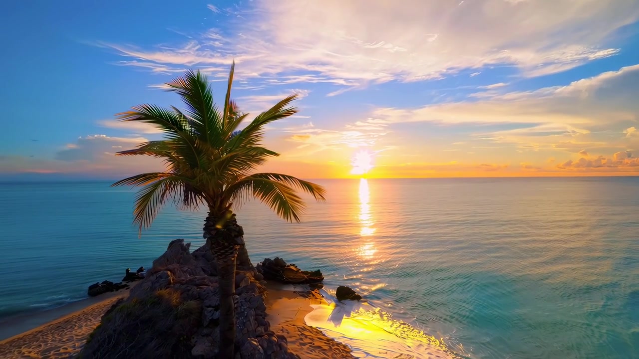 Silhueta de Palmeira Contra um Pôr do Sol Tropical Vibrante Sobre o Oceano
