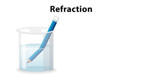 animation demonstrating light refraction in a water-filled beaker.