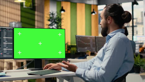 consultant talking with clients during teleconference meeting using mockup pc