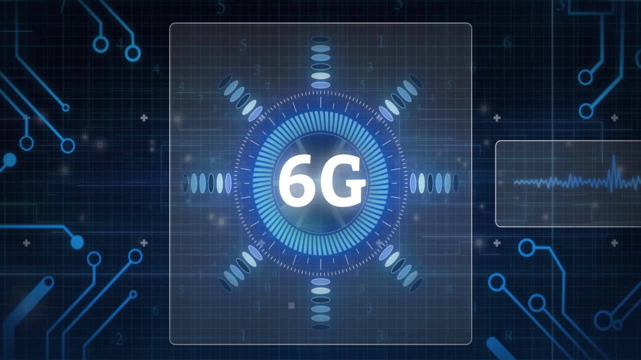 Futuristic animation of 6G technology with blue digital circular interface design