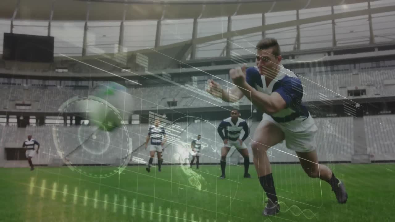 스포츠 경기장에서의 럭비 경기에 대한 데이터 처리 애니메이션