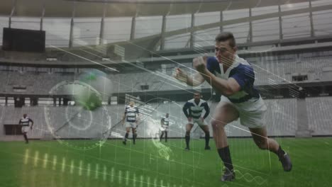 animación del procesamiento de datos durante un partido de rugby en un estadio deportivo
