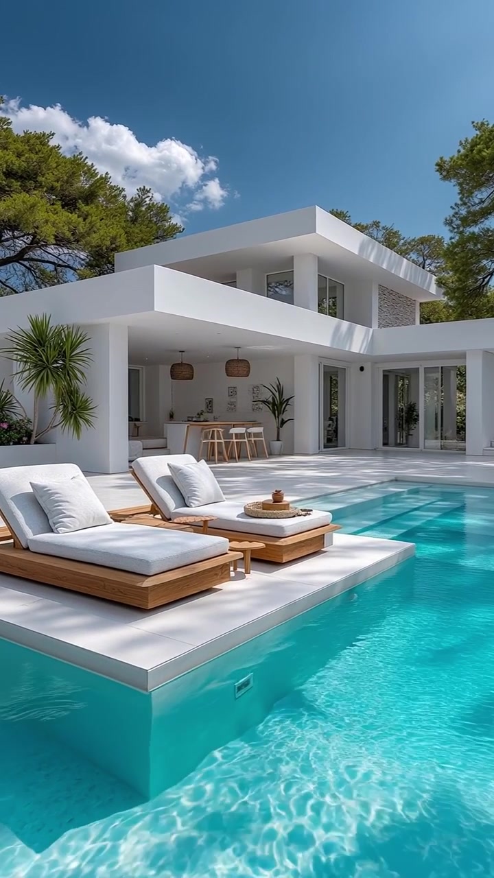 Moderna villa di lusso bianca con una piscina cristallina e comode sedie a sdraio.