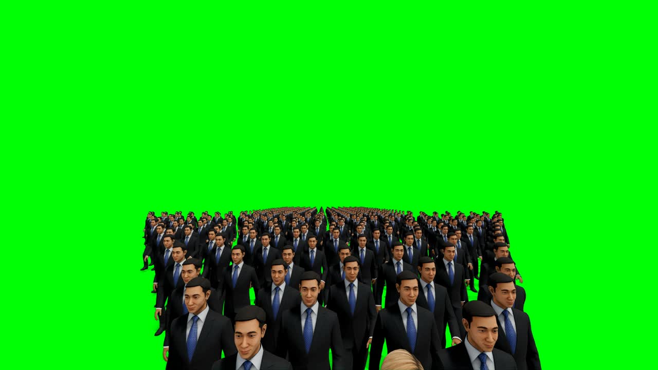 비즈니스맨과 비즈니스맨이 앞에 서서 화살표 모양을 형성하고, 4k, 그린 스크린을 향해