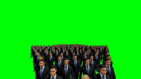 hombres de negocios con una mujer de negocios en el frente formando forma de flecha apuntando hacia arriba, 4k, contra la pantalla verde