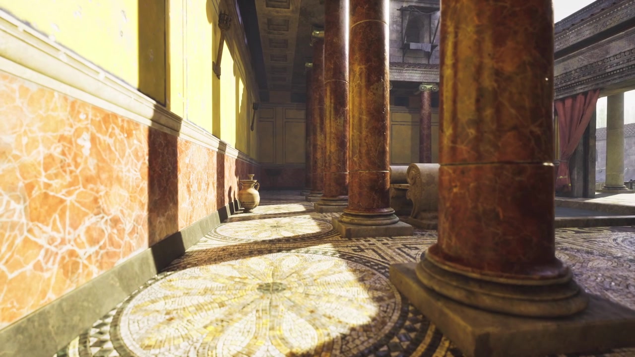 Passaggio luminoso delimitato da pilastri lucidi e pavimentazione artistica a mosaico.