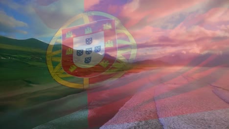 Animación-De-La-Bandera-De-Portugal-Ondeando-Sobre-El-Paisaje-Marino.