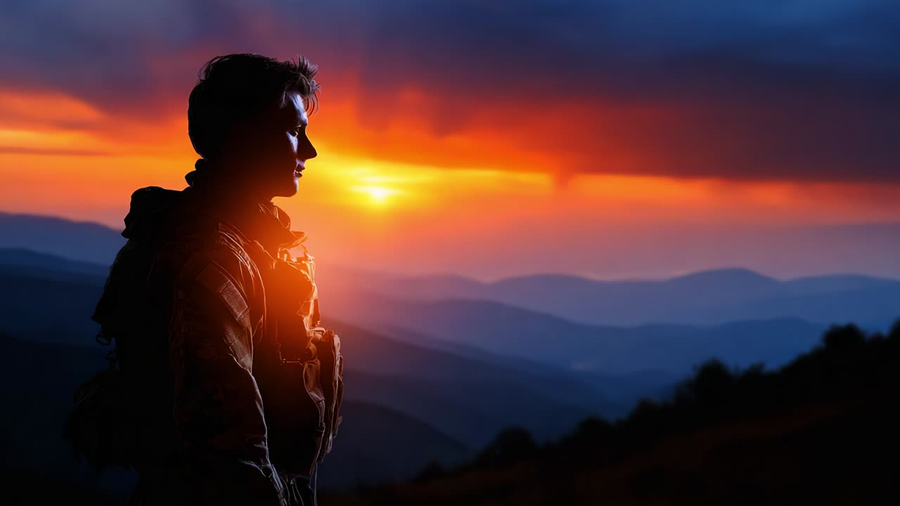 Un soldato è in piedi di fronte a un tramonto mozzafiato, con la sua silhouette stagliata su colori vivaci mentre le montagne si estendono in lontananza, catturando un momento di riflessione e connessione con la natura in un ambiente tranquillo.